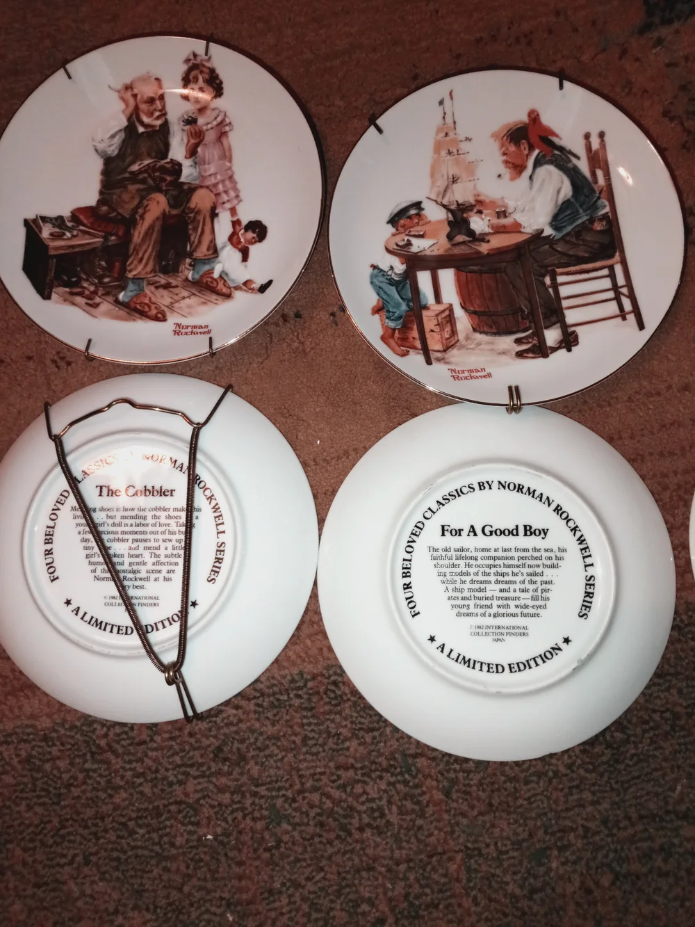Norman Rockwell Decorative Collector Plates Set - White, Brown, Blue, Gold Trim